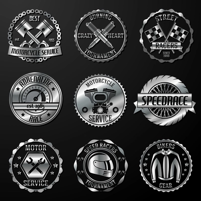Motorcycle racing tournament motor service emblems metallic set isolated vector illustration