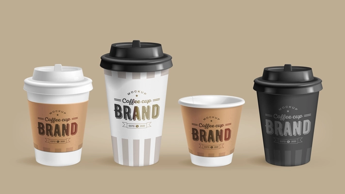 Blank coffee cups and brand name realistic set isolated vector illustration