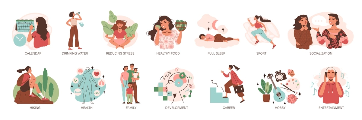 Life balance in development sport career family hiking relax tourism isolated icons with caption on white background flat vector illustration