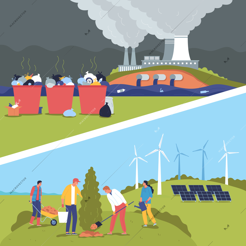 Ecology pollution composition with views of trash bins factory and activists planting trees with wind turbines vector illustration