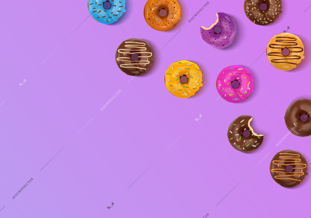 Lilac background with mix of multicolored  whole and bitten sweet glaze donuts realistic vector illustration