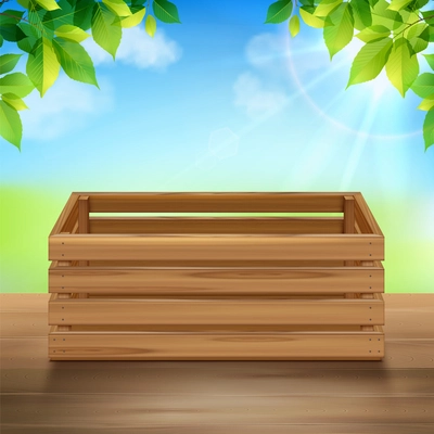 Wooden boxes realistic composition with outdoor scenery with fresh leaves shining sun on sky and case vector illustration