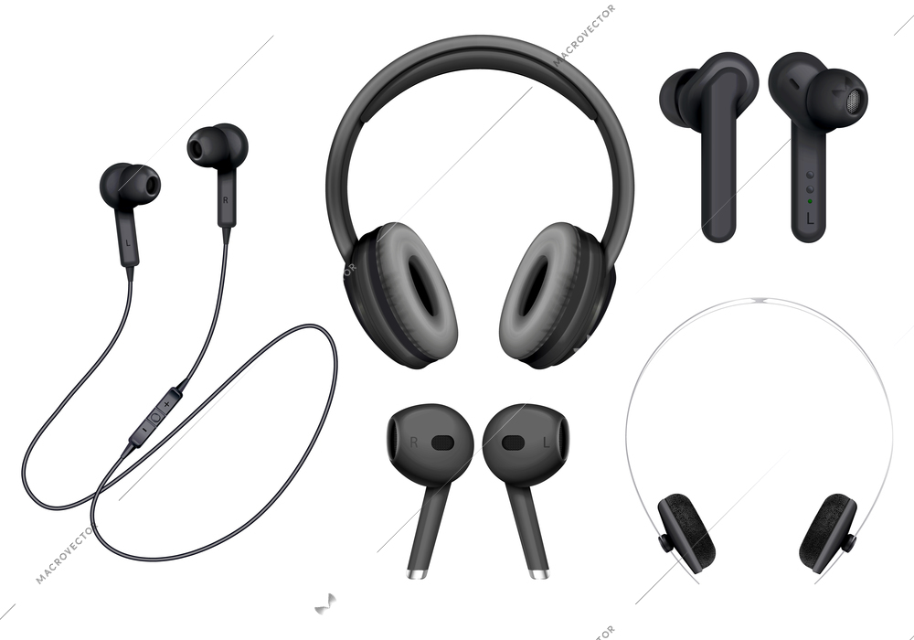 Headphones black wireless realistic set with isolated images of wearable phones of various shape and size vector illustration