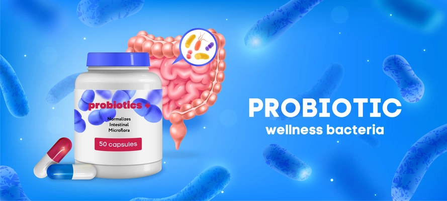 Probiotic realistic colored background advertising bacterial dietary supplement normalizing intestinal microflora vector illustration