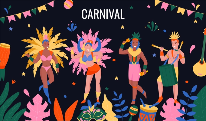 Brazilian carnival event with people in costumes dancing and playing musical instruments on black background with colorful elements flat vector illustration