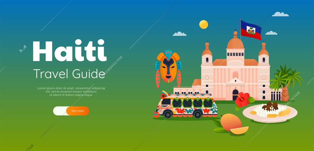 Haiti travel guide flat horizontal web banner with historic building cuisine flag bus mask vector illustration