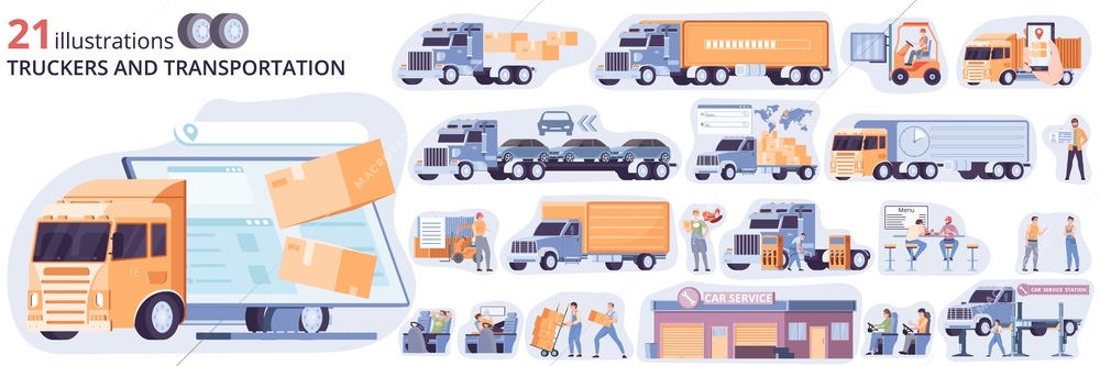 Truck cargo delivery composition set with location and transportation symbols flat isolated vector illustration