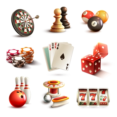 Game realistic icons set with casino sport and leisure games isolated vector illustration