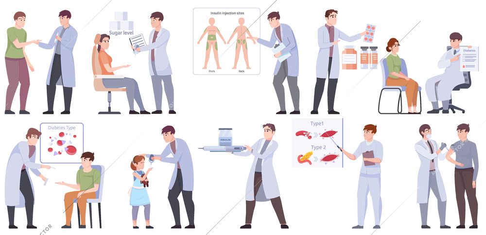 Diabetes medicine set with healthcare symbols flat isolated vector illustration