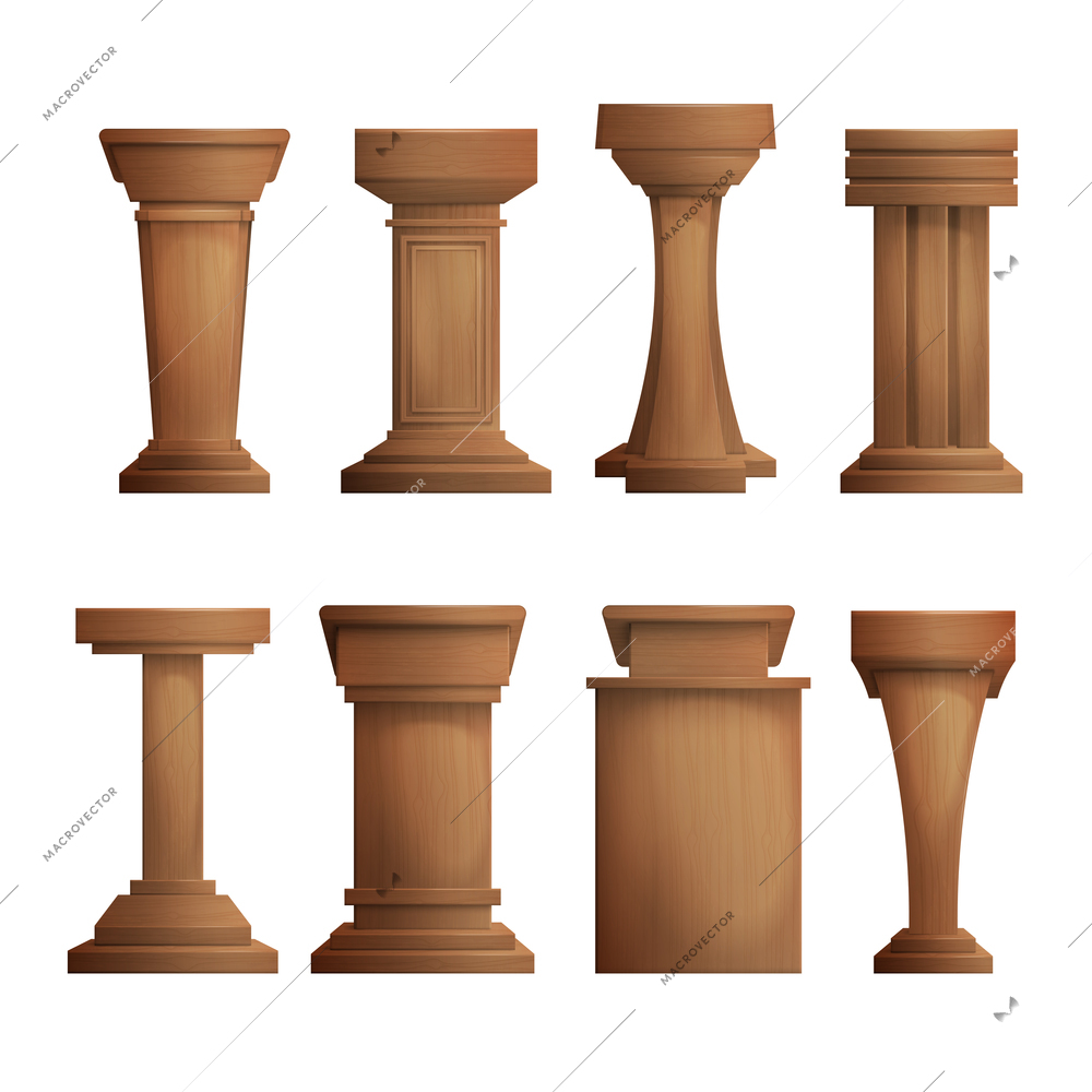 Realistic collection of different form wooden tribunes and stage stands isolated on white background vector illustration