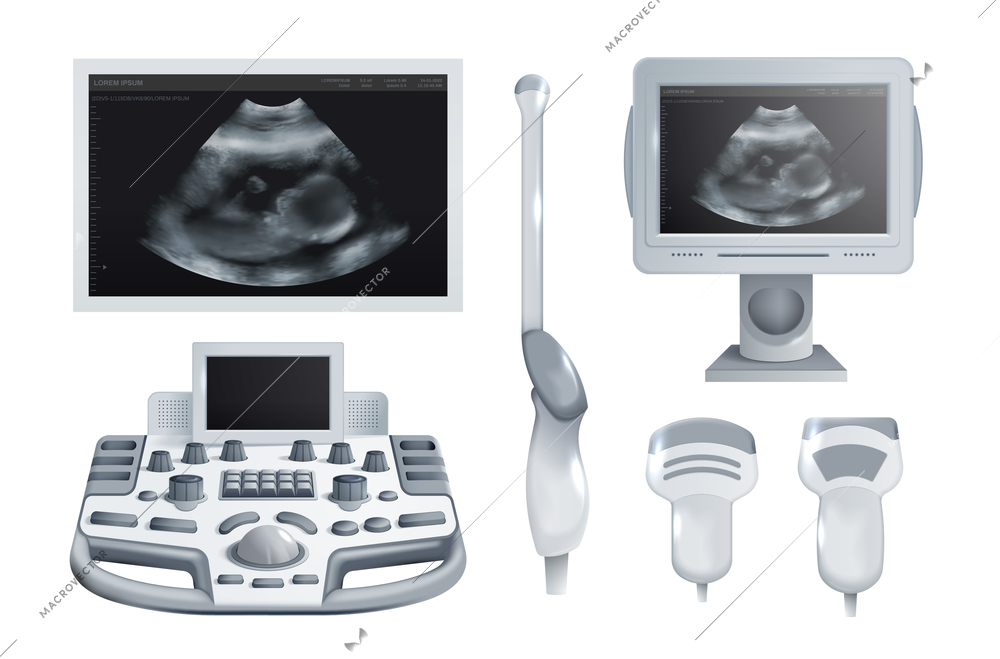 Realistic ultrasound equipment with special transducer for pregnancy screening and embryo snapshot isolated vector illustration