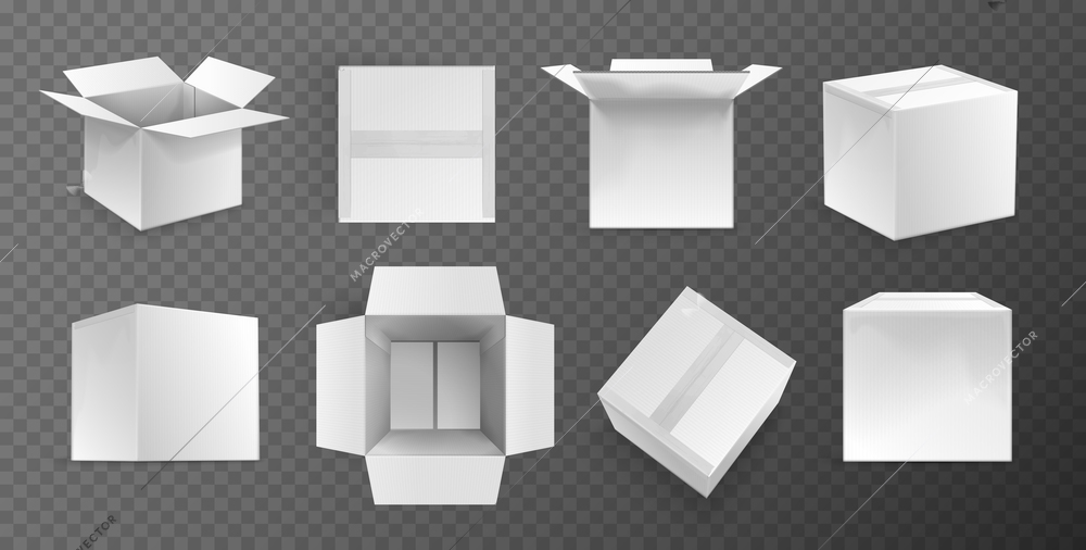 Realistic set of white duct taped cardboard boxes on transparent background isolated monochrome vector illustration