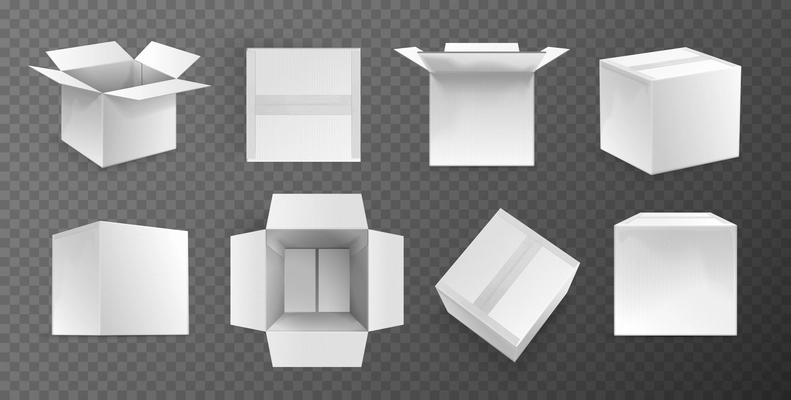 Realistic set of white duct taped cardboard boxes on transparent background isolated monochrome vector illustration