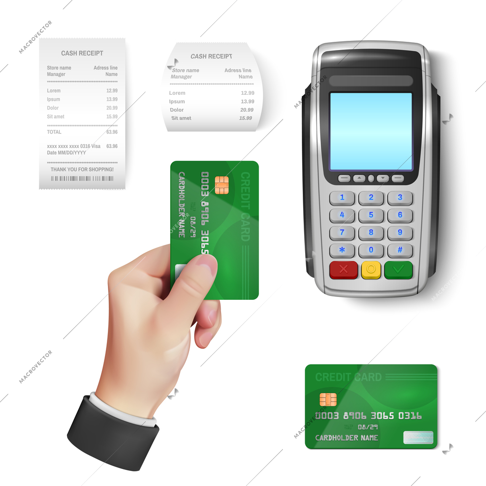 Acquiring bank POS terminal credit cards and paper cash receipts realistic set isolated on white background vector illustration