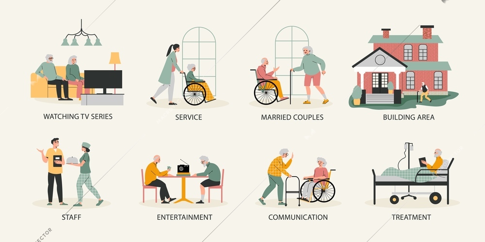 Nursing home flat color set with staff married coupled treatment communication entertainment watching tv isolated compositions vector illustration