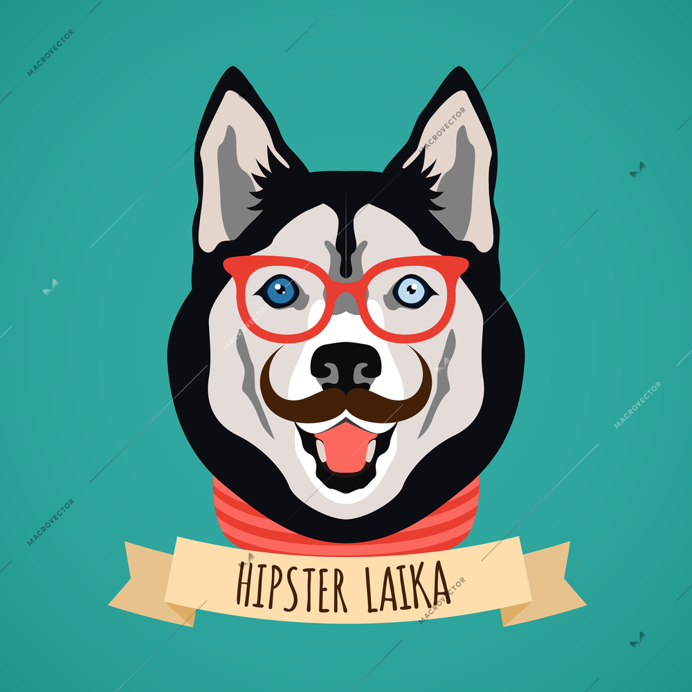 Hipster laika dog with glasses and moustaches  portrait with ribbon poster vector illustration