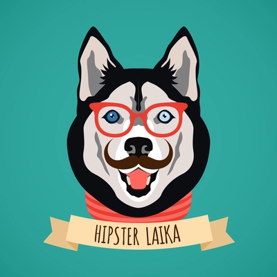 Hipster laika dog with glasses and moustaches  portrait with ribbon poster vector illustration