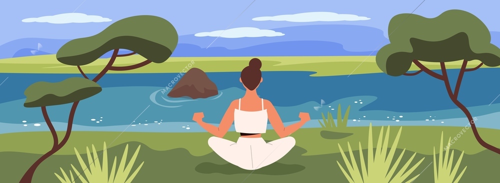 People relax flat background with young woman doing yoga exercise on lawn by river vector illustration