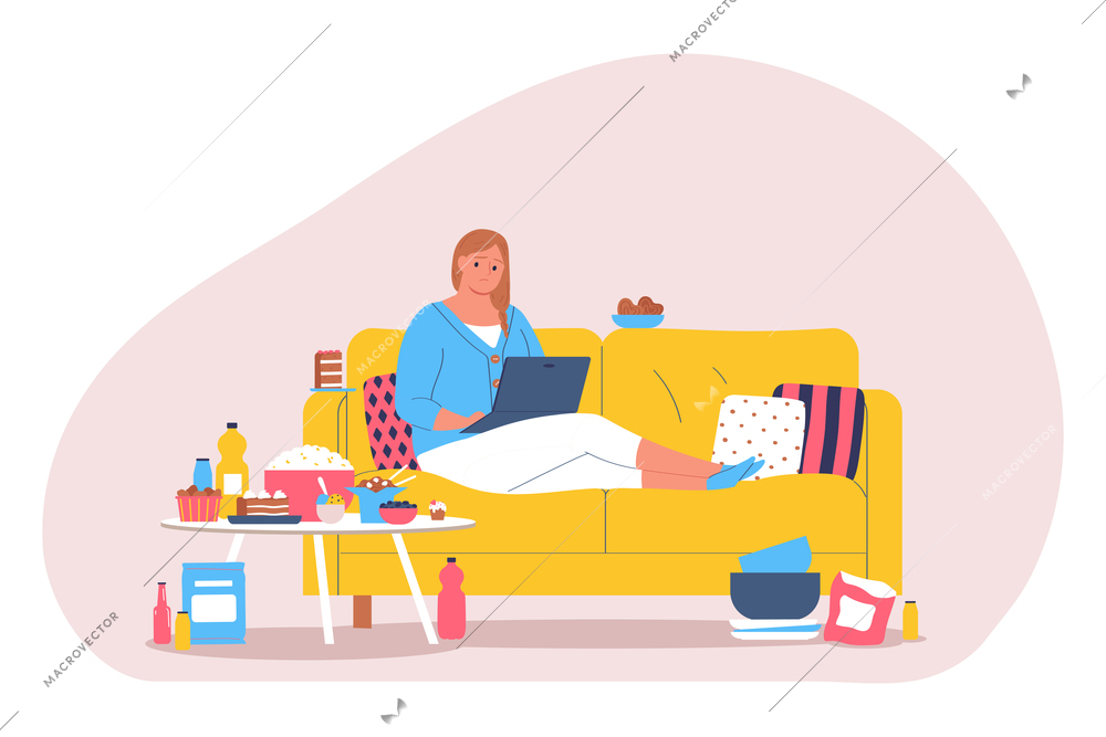 Gluttony flat composition with oversized woman  with laptop sitting on sofa near table filled with food vector illustration