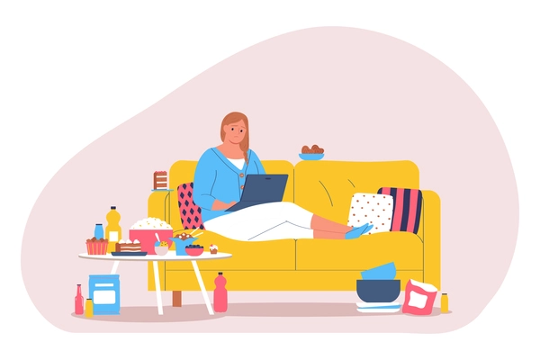 Gluttony flat composition with oversized woman  with laptop sitting on sofa near table filled with food vector illustration