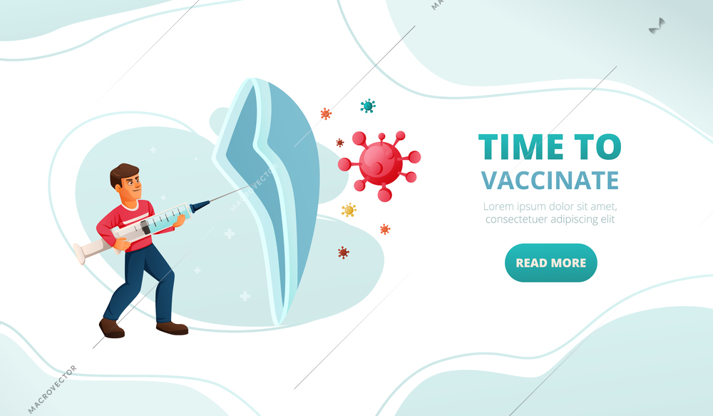 Vaccination landing page design with read more button and cartoon character with syringe protected from coronavirus vector illustration