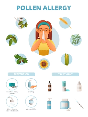 Pollen allergy cartoon infographic poster with prevention steps methods of treatment and sneezing woman vector illustration
