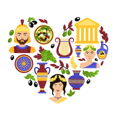 Greece history classical antique culture architecture and decoration symbols in heart shape vector illustration