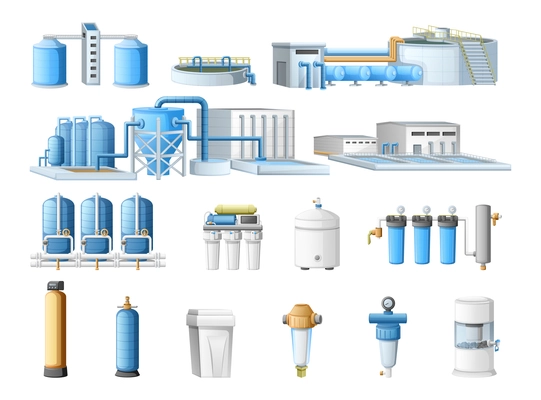 Water purification technology cartoon set with cleaning filtration industrial and household equipment isolated vector illustration