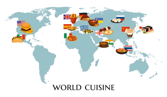 Cuisines world map composition with editable text and map of world with icons of dishes flags vector illustration