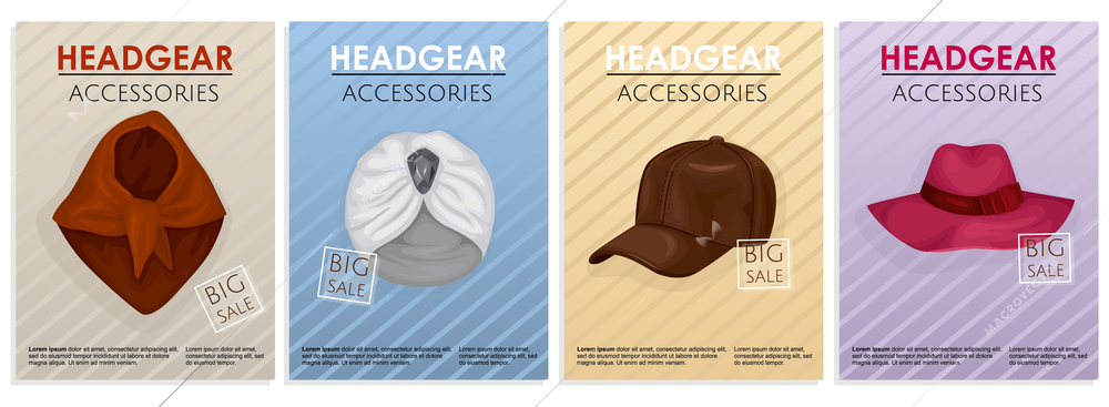 Hats poster set with four vertical compositions of editable text and images of various design headgear vector illustration