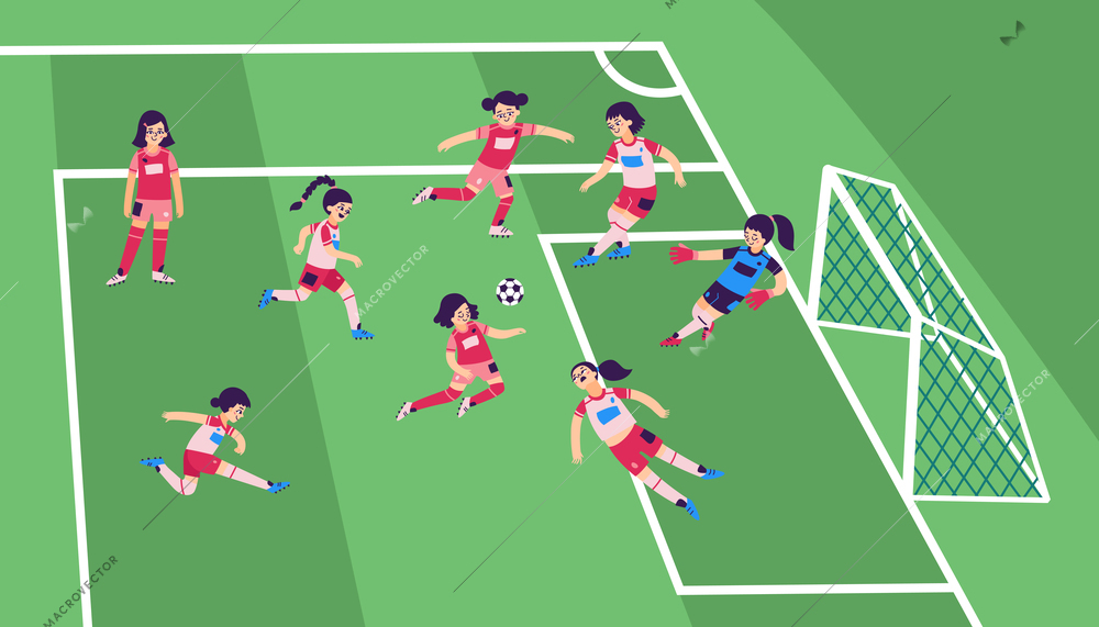 Football girls composition a team of girls in pink uniforms playing soccer on the field vector illustration