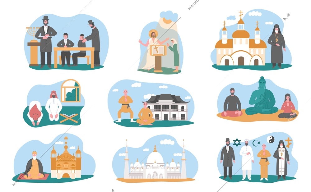 World religions set with flat isolated compositions of saint scenes with temples holy symbols and priests vector illustration