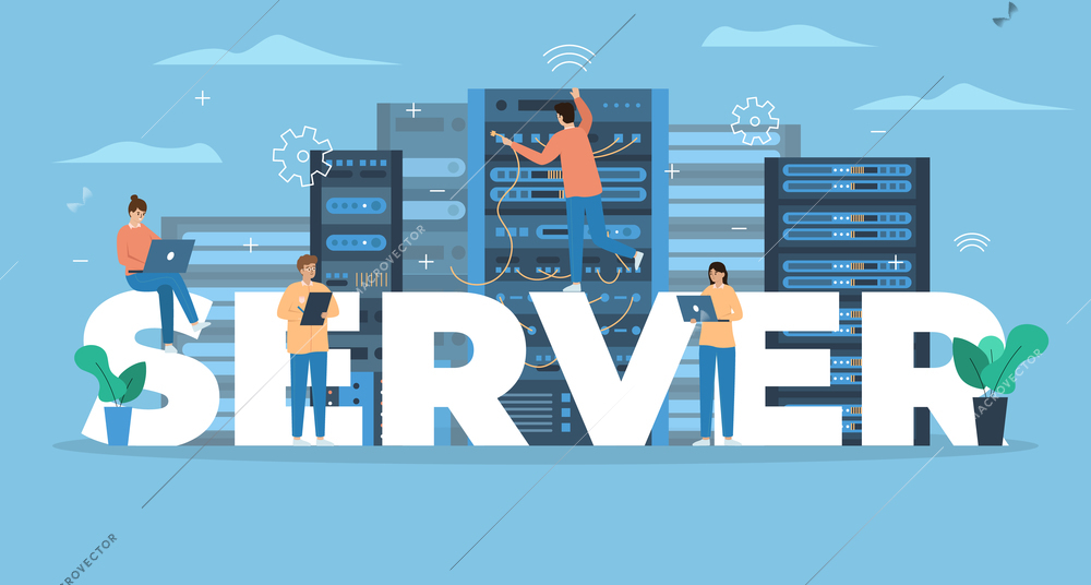 System administrator composition of flat text surrounded by people holding laptops and wires in server racks vector illustration