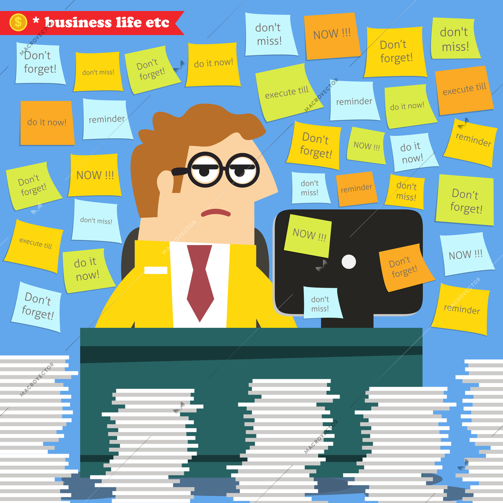 Business life. Hard work in progress, paperwork piles around the desk  vector illustration