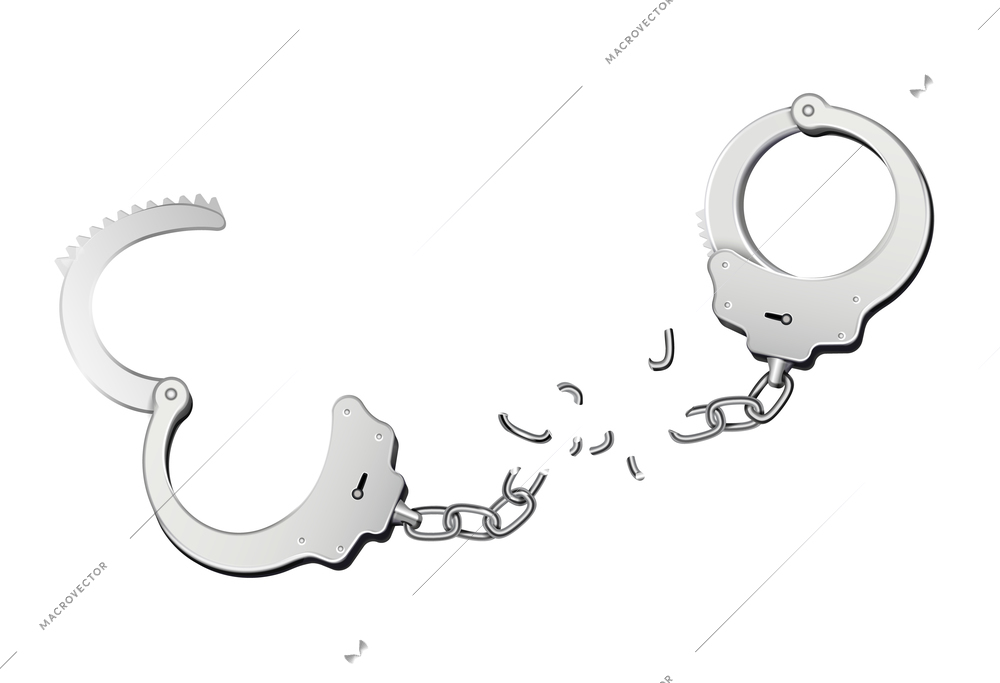 Breaking handcuffs realistic composition with isolated image of broken wristbands with chain shards on blank background vector illustration