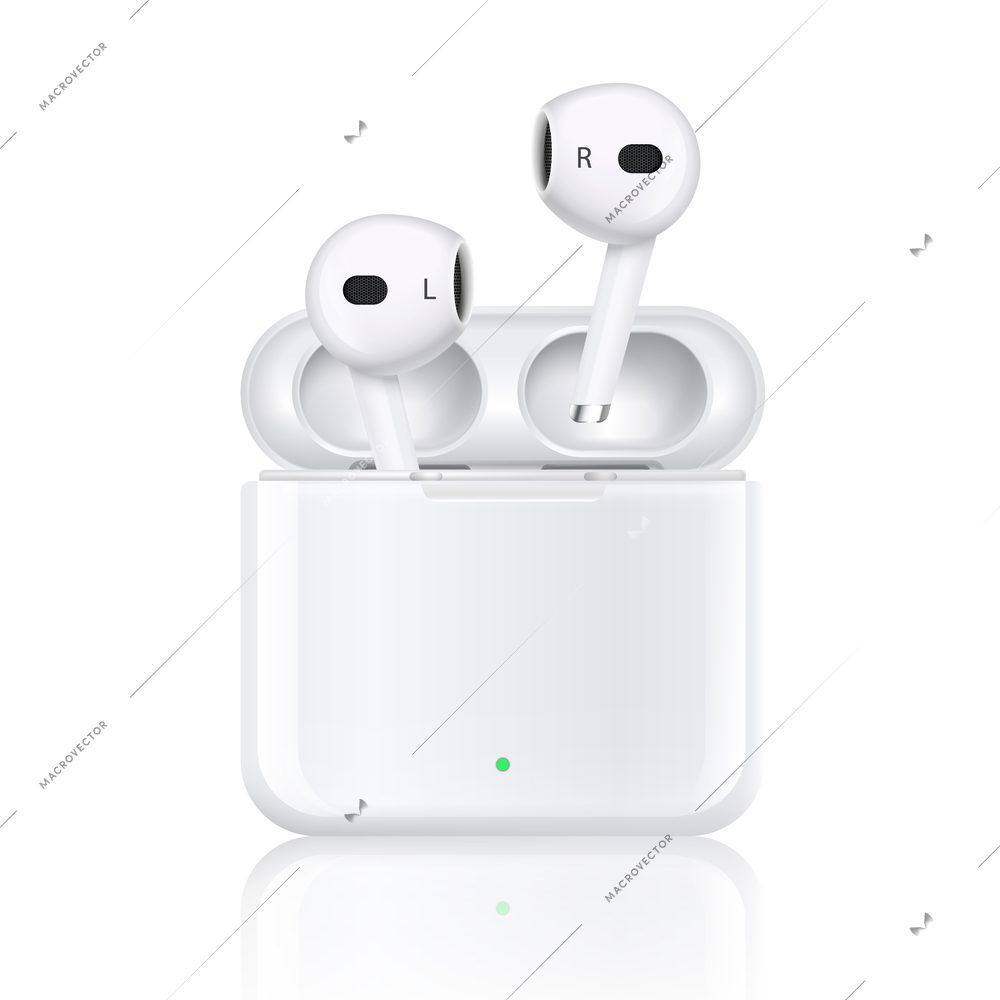 Headphones wireless realistic composition with isolated image of phones with power bank dock station with reflections vector illustration