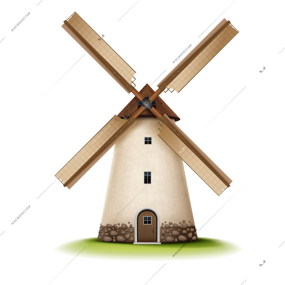 Mill realistic composition with isolated view of vintage style tower building with turbine on blank background vector illustration