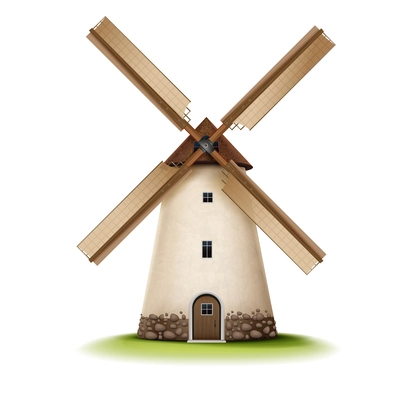 Mill realistic composition with isolated view of vintage style tower building with turbine on blank background vector illustration
