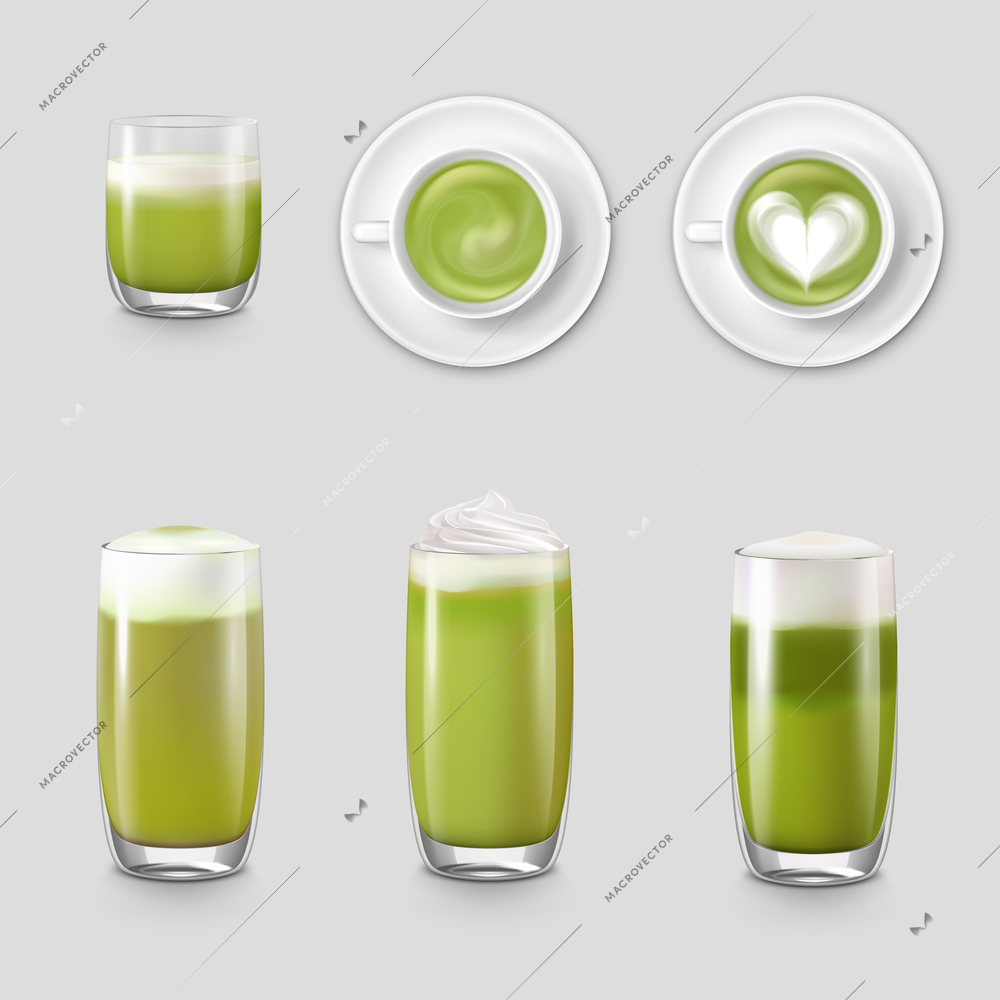 Matcha realistic set with isolated icons of transparent glasses with green drink and cups top view vector illustration