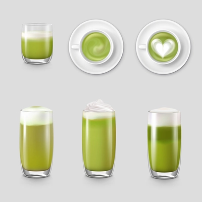 Matcha realistic set with isolated icons of transparent glasses with green drink and cups top view vector illustration