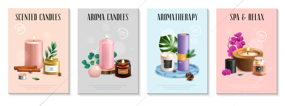 Realistic set of four posters with scented candles for spa relaxation aromatherapy home decoration isolated vector illustration