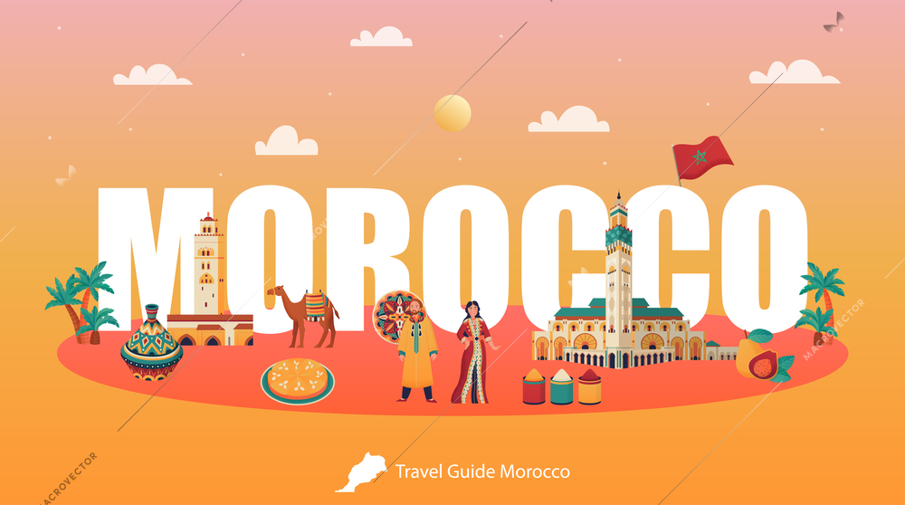 Travel guide morocco horizontal poster with traditional country symbols on orange background vector illustration