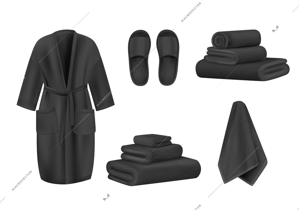 Realistic spa clothing black set with isolated images of dark gown slippers and stack of towels vector illustration