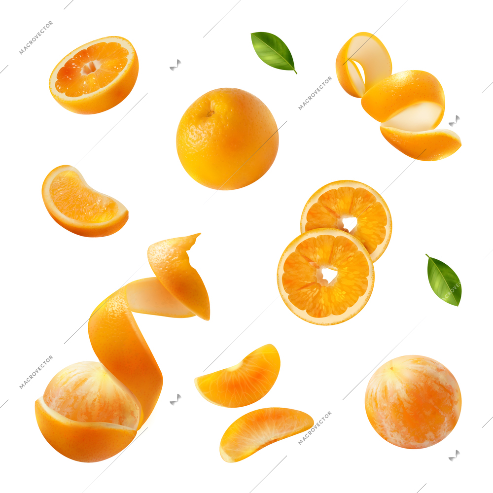 Realistic orange set with isolated images of flying peel slices and pieces of fruit with leaves vector illustration