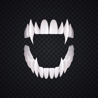 Vampire teeth realistic composition with isolated image of white predators teeth with fangs on transparent background vector illustration