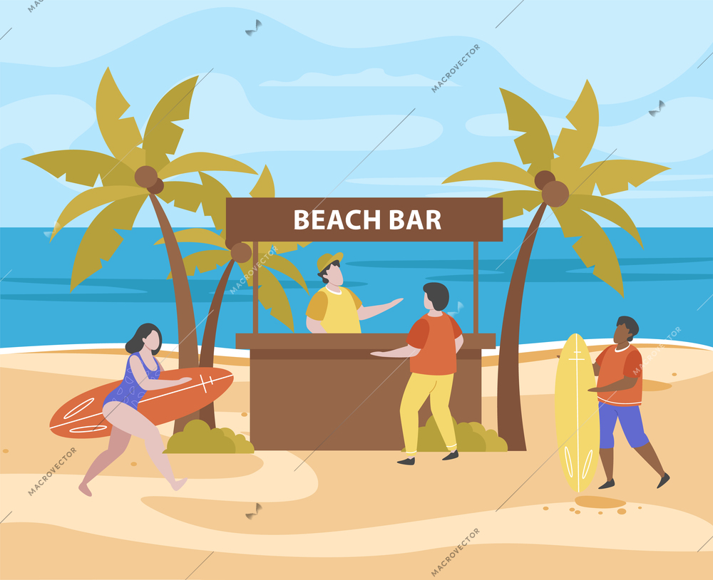 Summer activities flat composition with beach landscape and palm trees with bar stall and human characters vector illustration