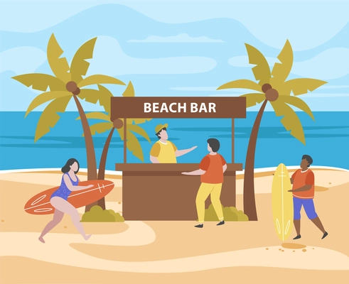 Summer activities flat composition with beach landscape and palm trees with bar stall and human characters vector illustration