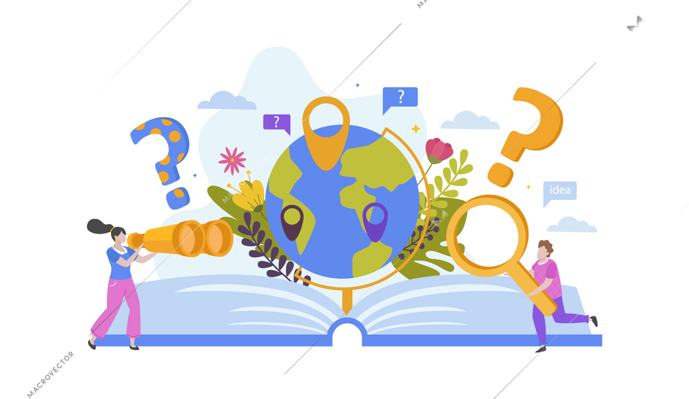 Searching decisions concept flat composition with open book and earth globe with location marks and questions vector illustration