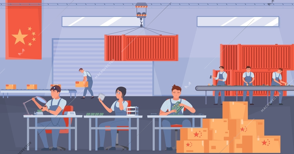 China produce flat composition with indoor view of factory department with warehouse containers and manufacturing workers vector illustration