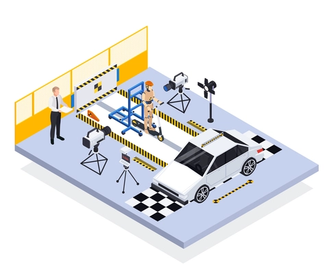 Crash test car safety isometric composition with view of moving push bicycle automobile on test track vector illustration